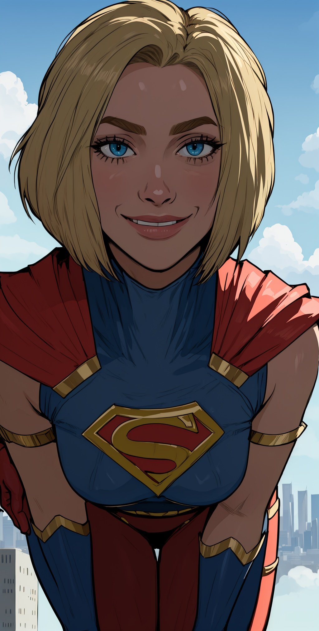 kara, short blonde hair,  blue eyes,   leaning forward,  light smile, 
blue body suit, S (symbol\), red cape,  red gloves, 
standing, upper body, solo, 
morning, metropolis city,   cloudy sky,  
 (insanely detailed, beautiful detailed face, masterpiece, best quality), 