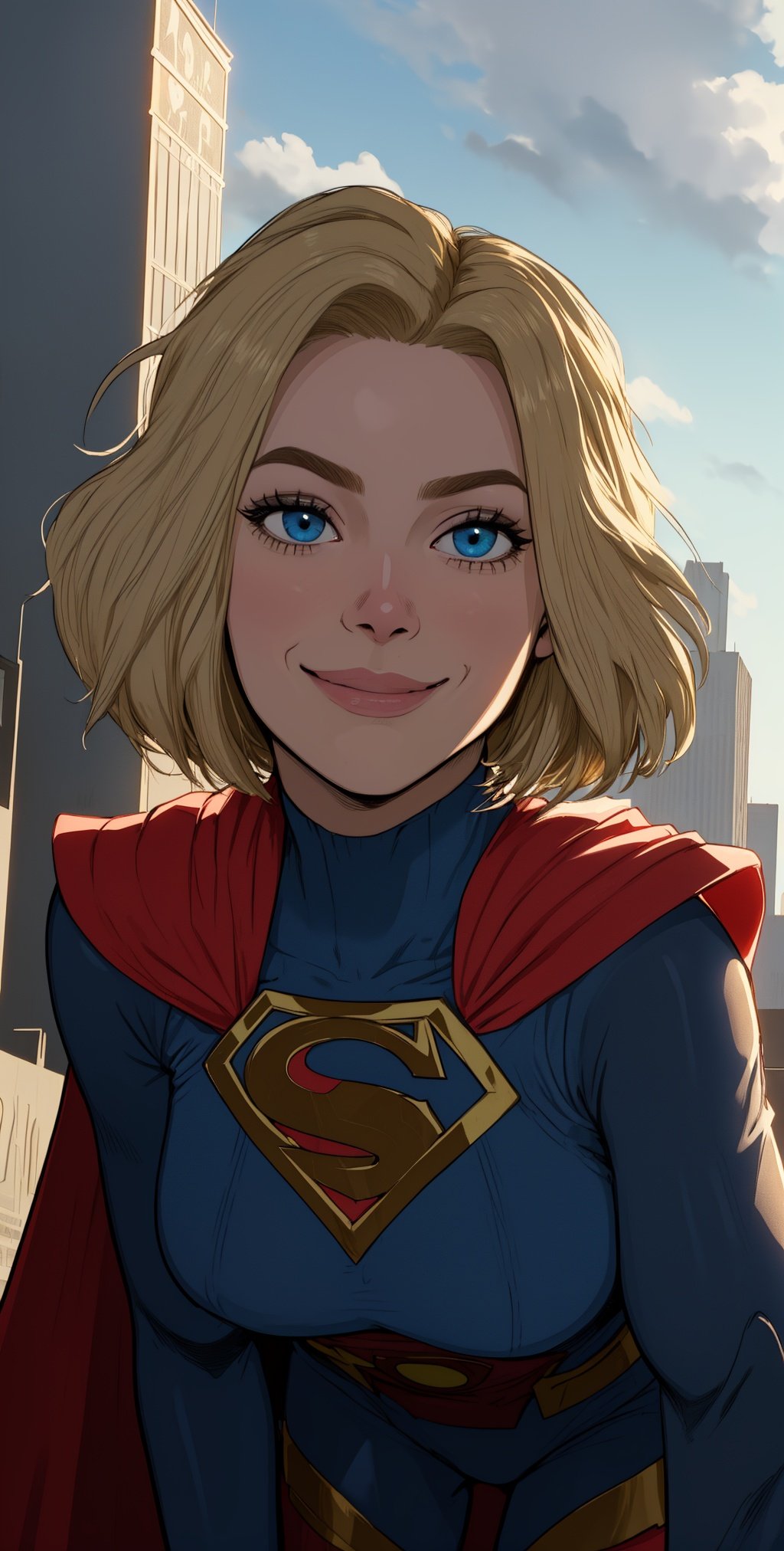 kara, short blonde hair,  blue eyes,   leaning forward,  light smile, 
blue body suit, S (symbol\), red cape,  red gloves, 
standing, upper body, solo, 
morning, metropolis city,   cloudy sky,  
 (insanely detailed, beautiful detailed face, masterpiece, best quality), 