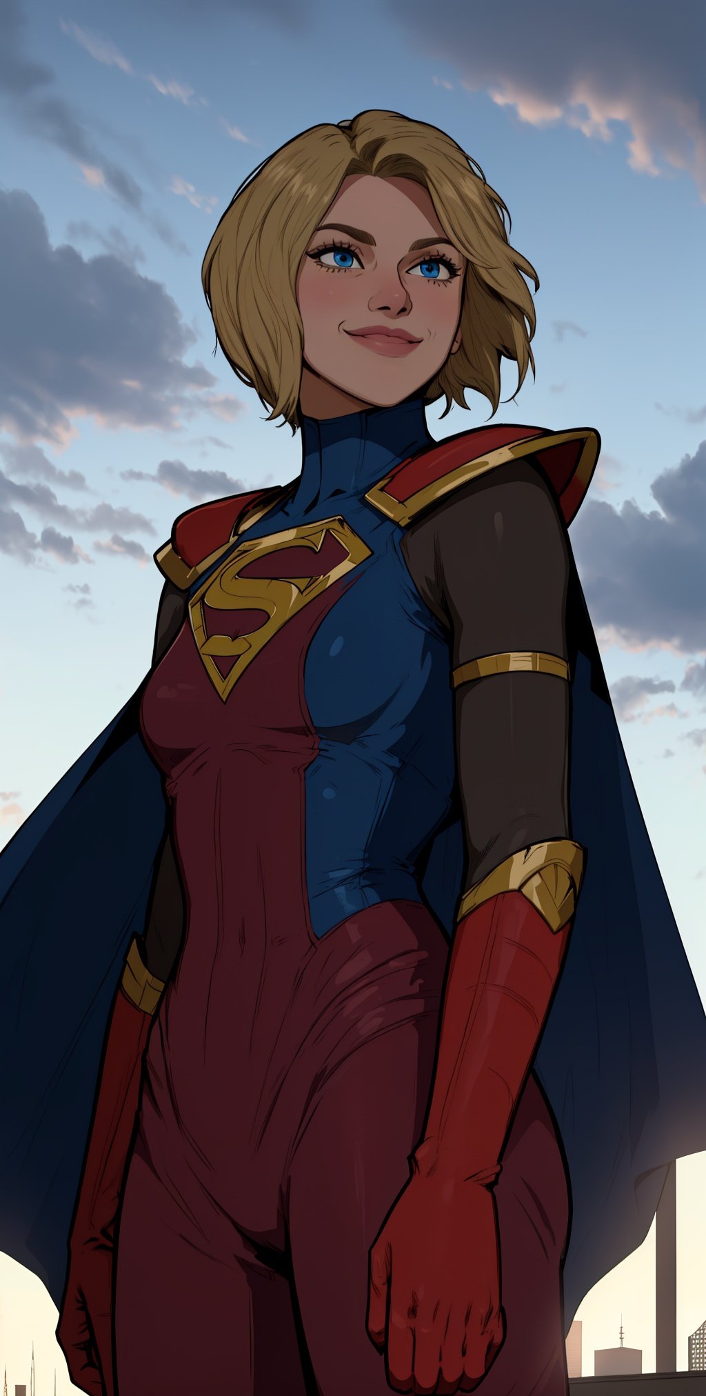 kara, short blonde hair,  blue eyes, 
blue body suit, S (symbol\), red cape,  red gloves, 
standing, upper body, smile,  solo,
morning, metropolis city,   cloudy sky,  
 (insanely detailed, beautiful detailed face, masterpiece, best quality), 