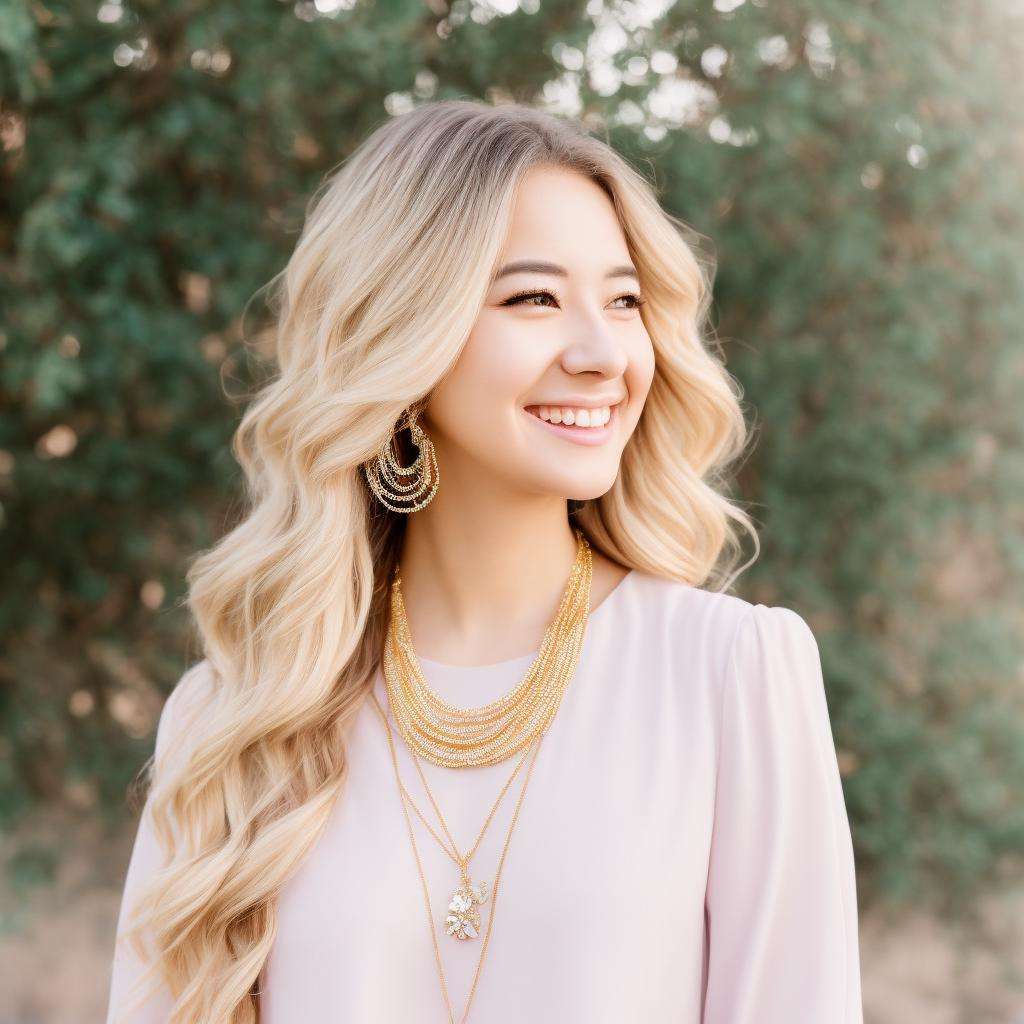 Full Body Shot Of smiling female with jewelry art 25 yo.	((Dreamy)), (Mixed Media), (Fashion Model), (Soft Light), (Pastel Colors), (Portrait), (Photo), (Realistic Style), colored dress, colored haired, American shot, the center of view image