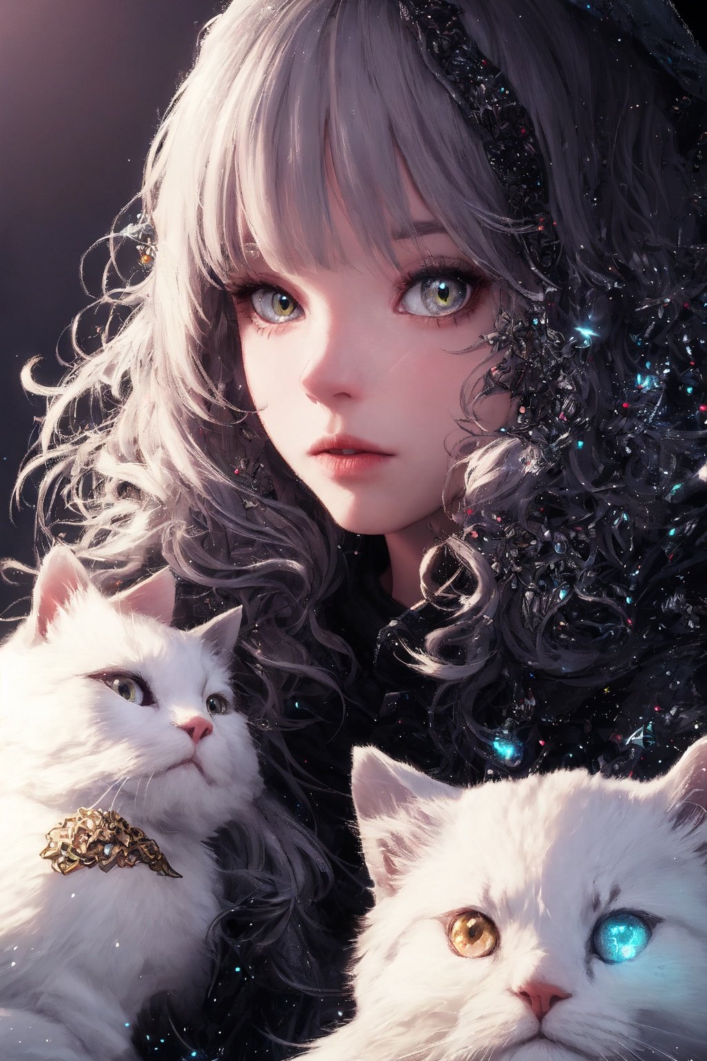  photorealistic of cute girl with white persian cat, Lolita, mane, multicolored hairlighting, glowing crystals, hyper detailed, detailed glow, ambient occlusion, ambient light,Beautiful dynamic dramatic dark moody lighting, volumetric, shadows, BREAK, 35mm photograph, grainy, professional, 8k, highly detailed, Hasselbald 50mm lens f/1.9, [by ethan for CGArt Mayfly model], Sky Fantasy