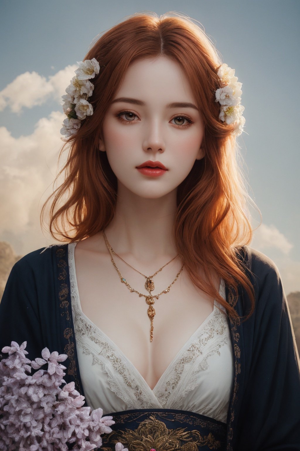  oil painting of a woman hugan an orange cat, lying, detailed painting inspired by Charlie Bowater, blooming exquisite necklace, 4 k detailed fantasy, white silver painting, her face is a lilac flower, dreamland, watercolor, Sky Fantasy