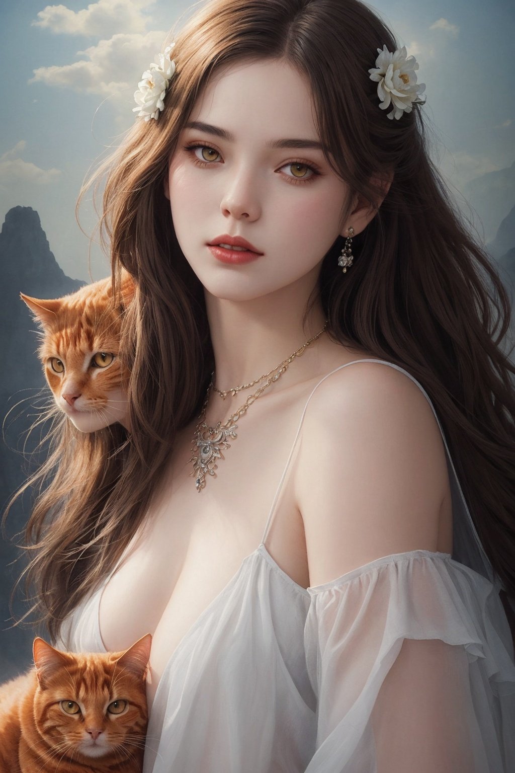  oil painting of a woman hugan an orange cat, lying, detailed painting inspired by Charlie Bowater, blooming exquisite necklace, 4 k detailed fantasy, white silver painting, her face is a lilac flower, dreamland, watercolor, Sky Fantasy