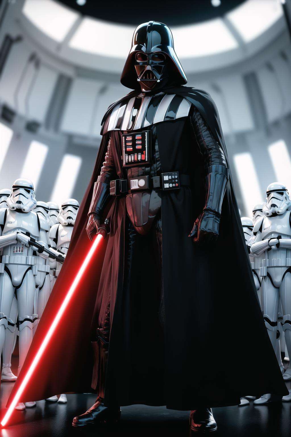 darth vader standing in front of a group of storm troopers in a room,  holding lightsabe in his hands,  walking across a b...