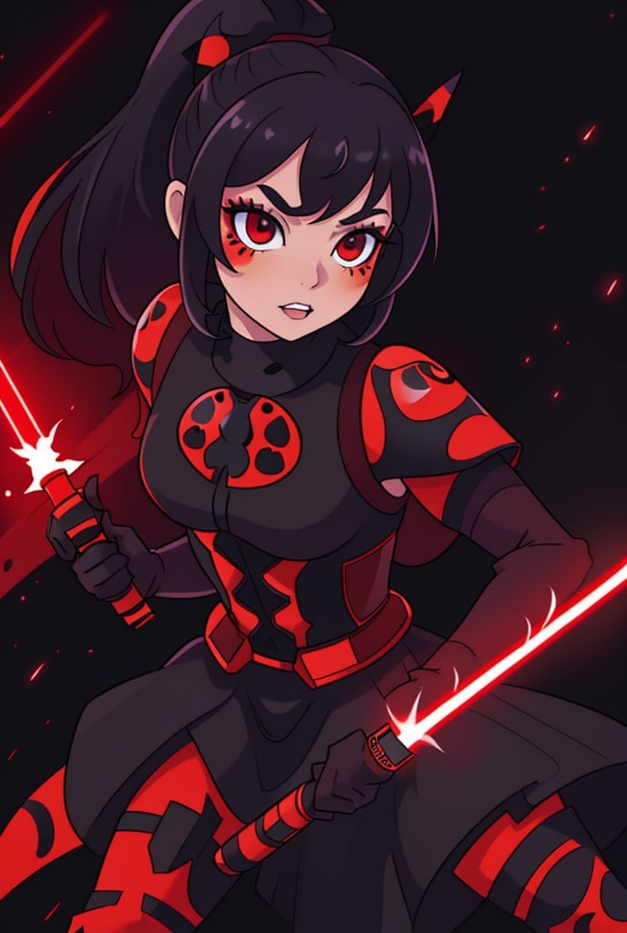 ultra wide angle, in focus, dark epic background, gorgeous lifelike, dynamic pose, ladybug mask, ladybug costume, two ponytails, red lightsaber, medium shot, hyper details, lighting art, cinematic, insane details, intricate details, hyperdetailed, goth, fractal, dark shot
