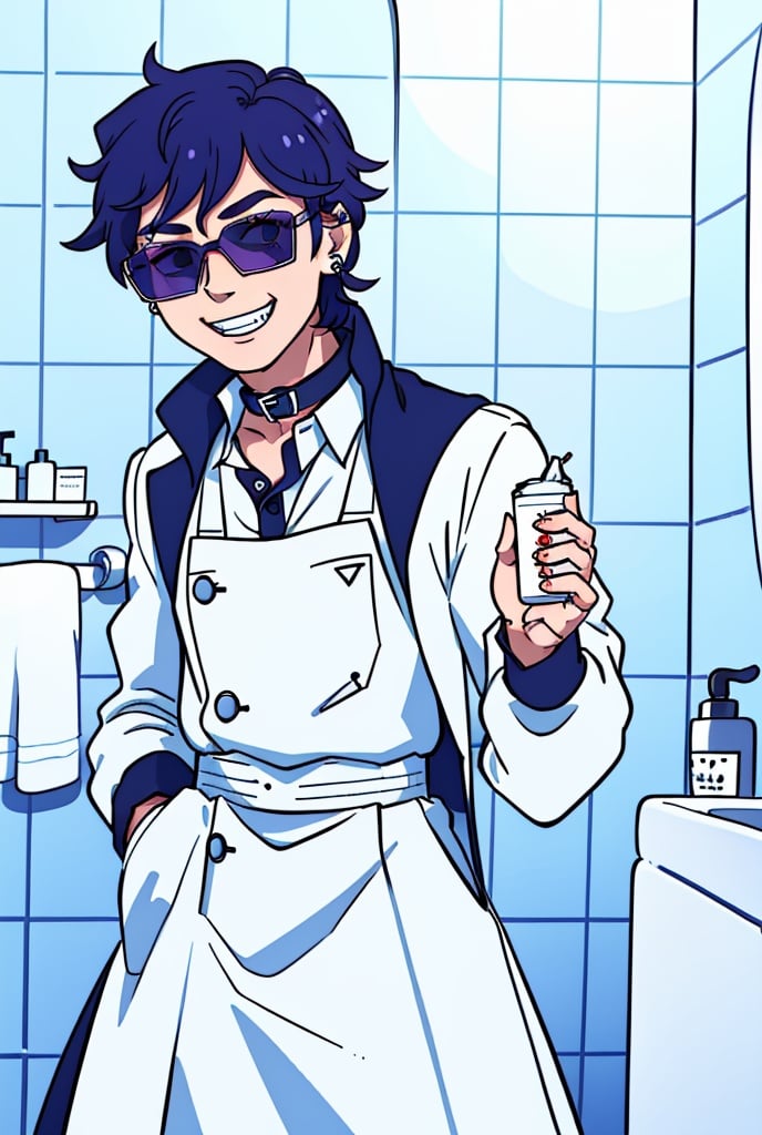 (best quality, masterpiece:1.2),(1boy:1.1),niji,(evil smile:1.1),perforation,collar,stud earrings,teeth,bathroom,doll,,SaltBaeMeme,salt,sunglases,