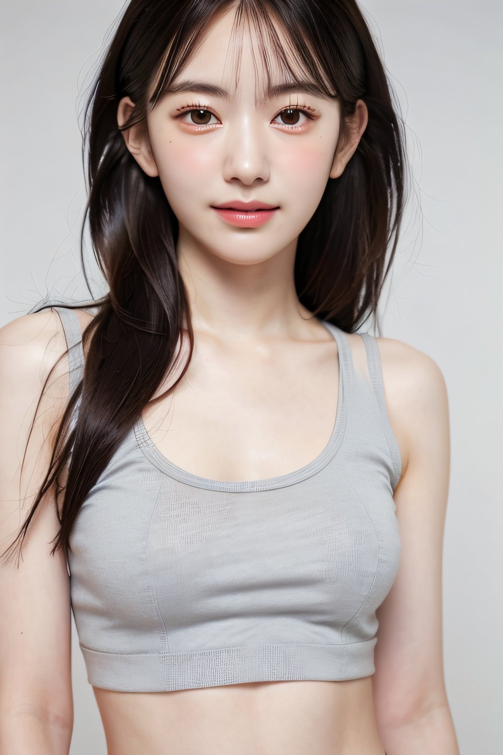 japanese woman, long hair, wavy hair, redhead, light smile, close-up, (white tank top), (pastel grey background), oily skin,Miyawaki, Sakura4k,Sakura