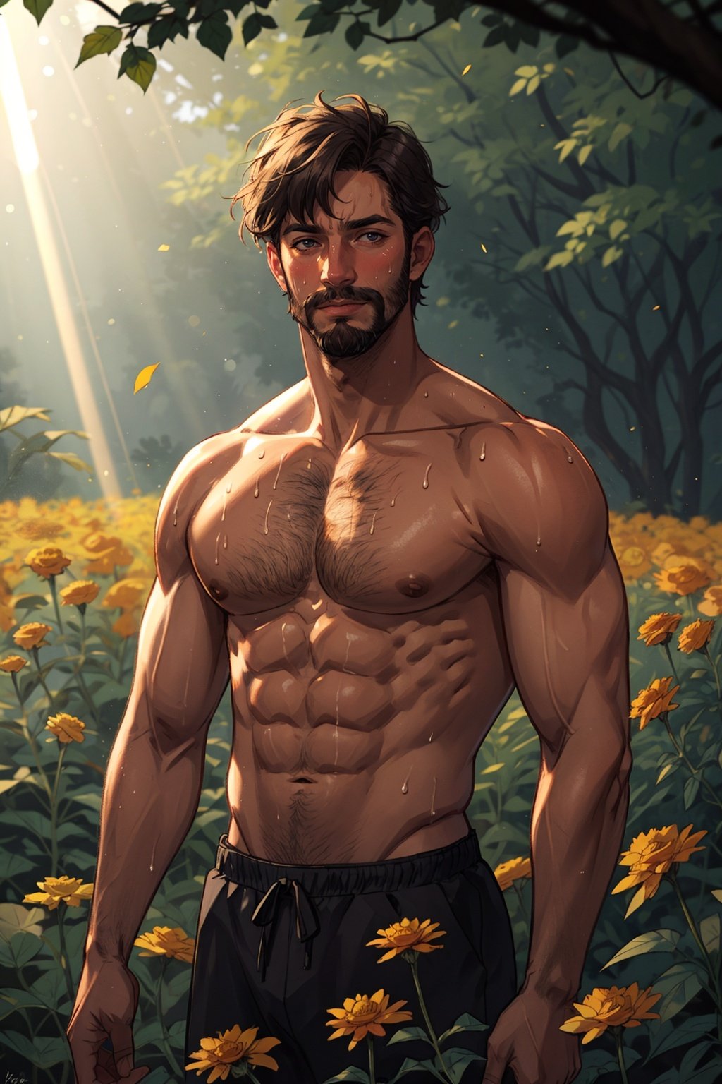 marigold field,facial hair, sunbeam, topless male, sweat, depth of field, 