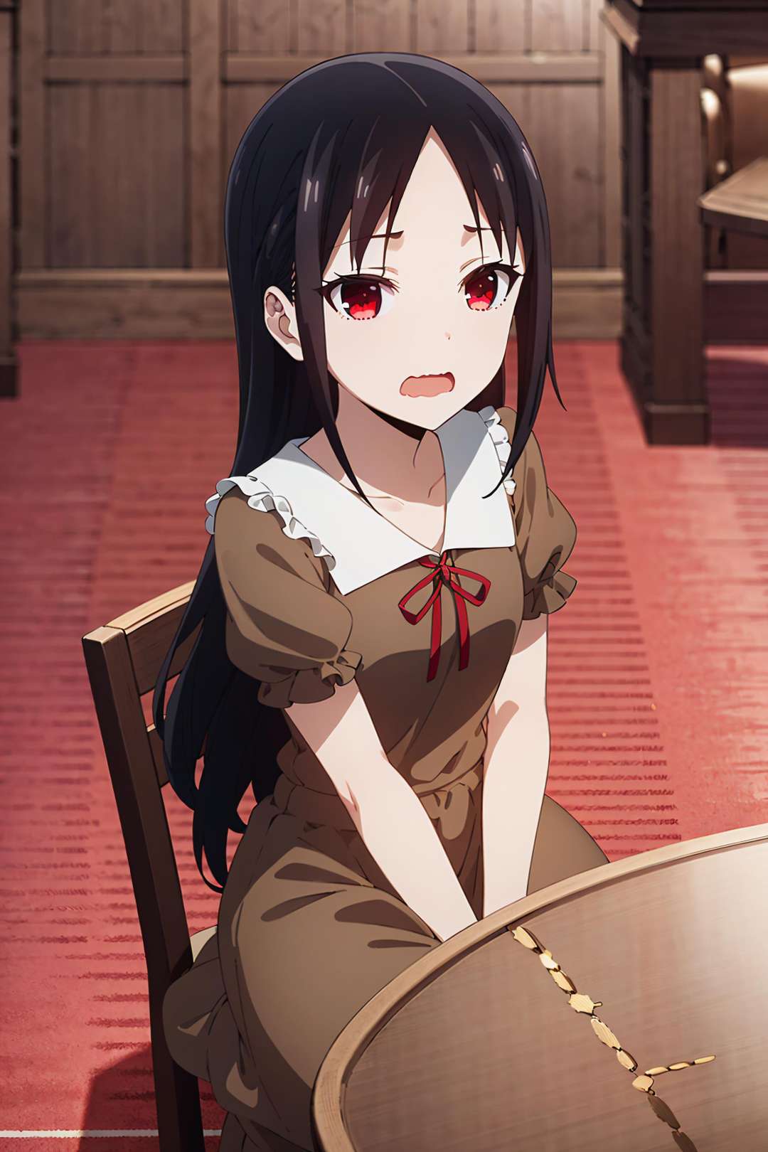 best quality, (masterpiece:1.2), detailed,<lora:chara_Kaguya-samaWaKokurasetai_ShinomiyaKaguya_v1:0.8>, shinomiya kaguya,1girl, solo, open mouth, wavy mouth,black hair, red eyes, hair down, long hair,brown dress, puffy sleeves, short sleeves, red ribbon,sitting, table, chair, looking at the viewer,indoors