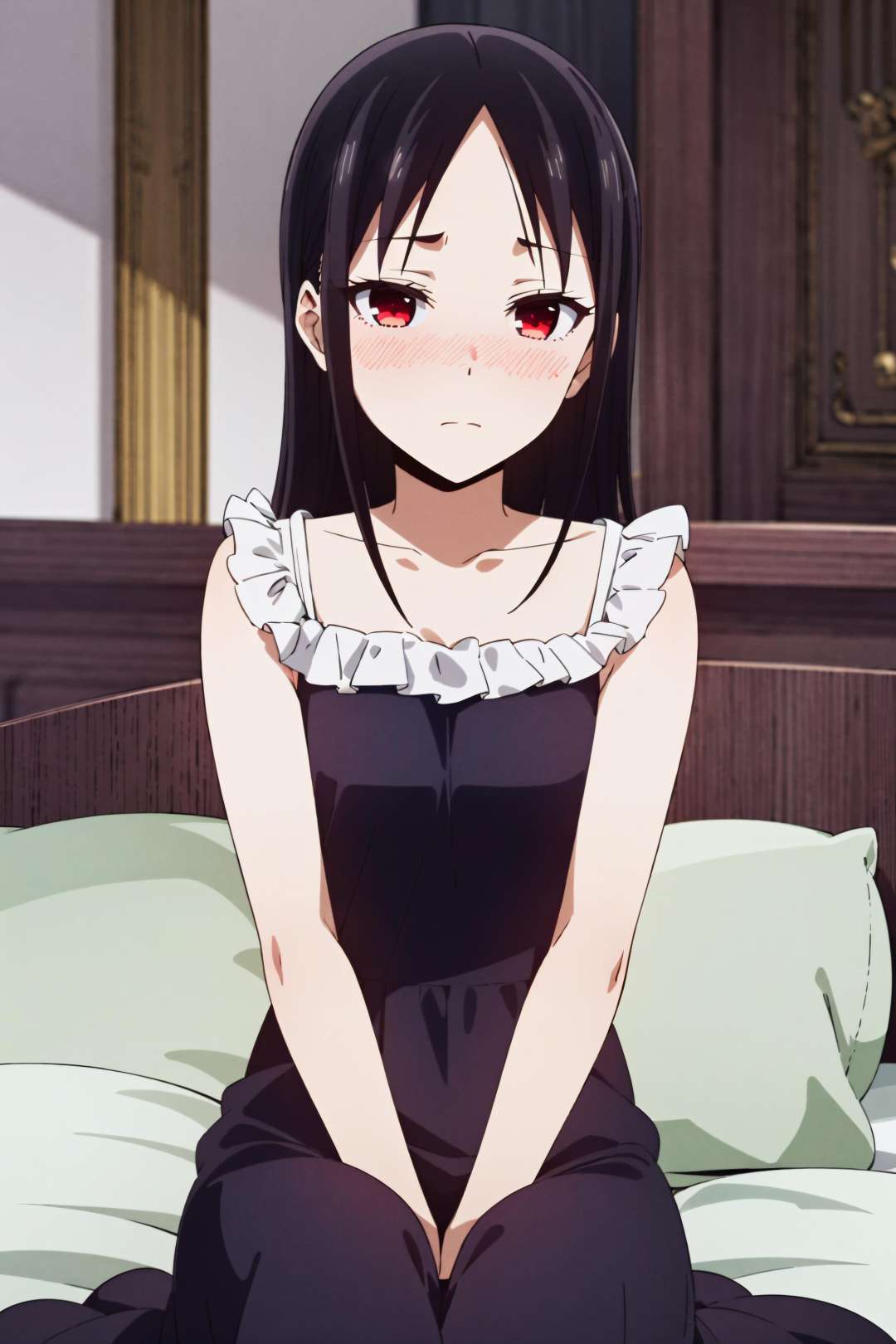 best quality, (masterpiece:1.2), detailed,<lora:chara_Kaguya-samaWaKokurasetai_ShinomiyaKaguya_v1:0.8>, shinomiya kaguya,1girl, solo, closed mouth, light smile,black hair, red eyes, short hair, folded ponytail, hair ribbon,school uniform, black dress, long sleeves, red ribbon,sitting, on bed, looking at the viewer,indoors