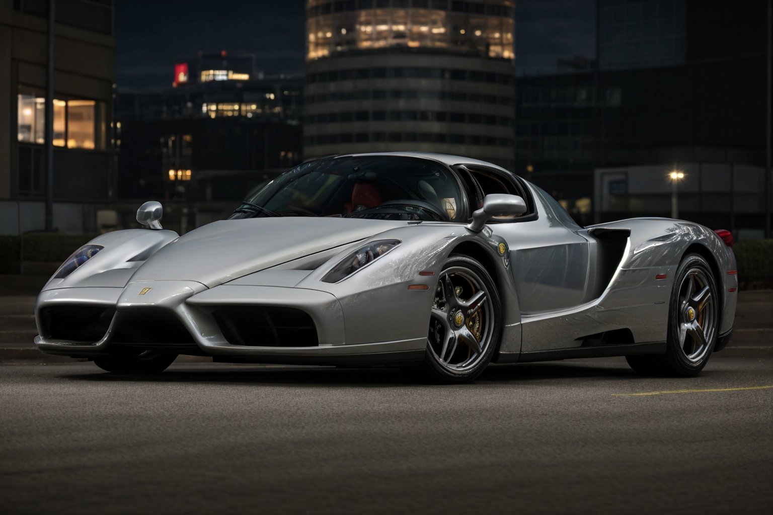 Nikon 85mm photography, sharp focus, photo of a silver ferrari enzo parked in a city at night, front view, realistic, reflective surface