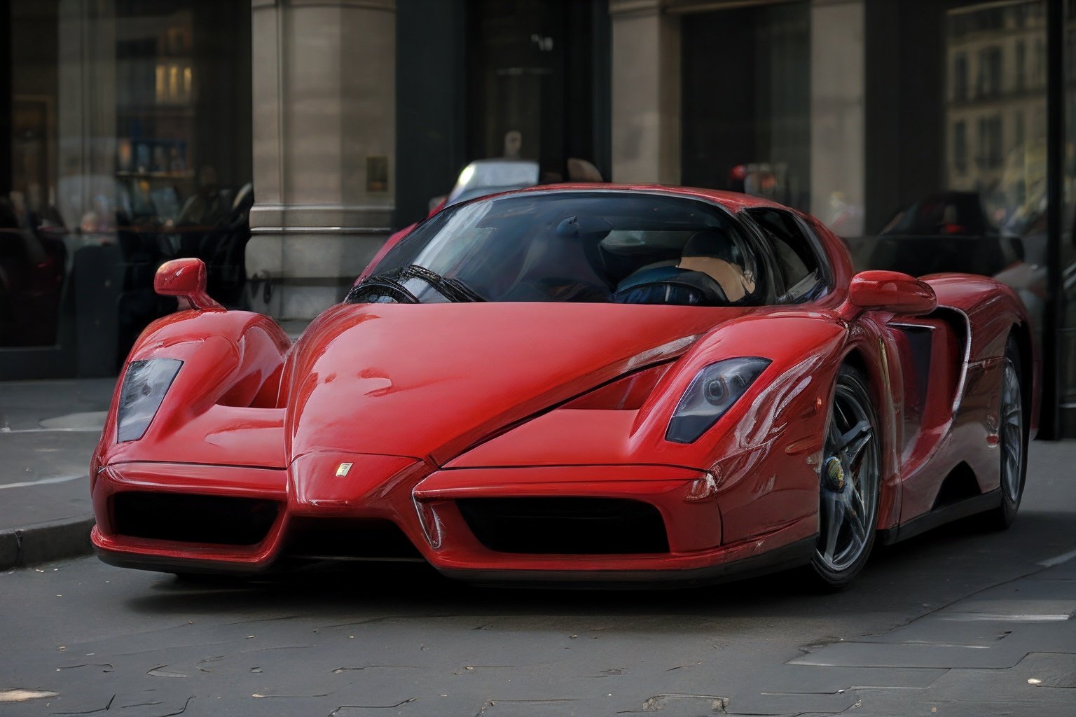 Nikon 85mm photography, sharp focus, photo of a red enzo ferrari on the streets of Paris