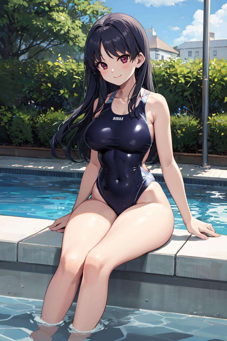 masterpiece, best quality, absurdres, perfect anatomy, 1girl, solo, RyuukaShimizudani, one-piece swimsuit, poolside, sitting, soaking feet, smile, <lora:RyuukaShimizudani:1>