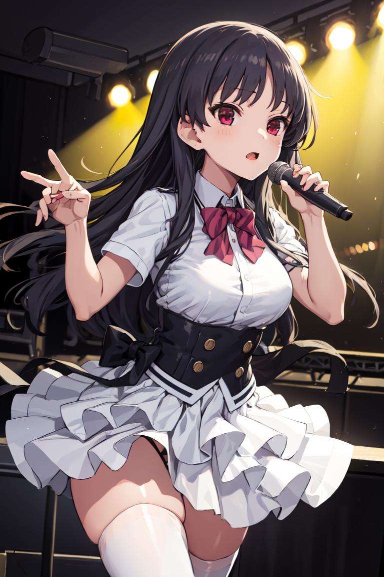 masterpiece, best quality, absurdres, perfect anatomy, 1girl, solo, RyuukaShimizudani, idol, idol uniform, bowtie, skirt, brooch, dress, concert, on stage, frilled skirt, jewelry, layered dress, short sleeves, midriff, thighhighs, microphone, holding microphone, stage lights <lora:RyuukaShimizudani:1>