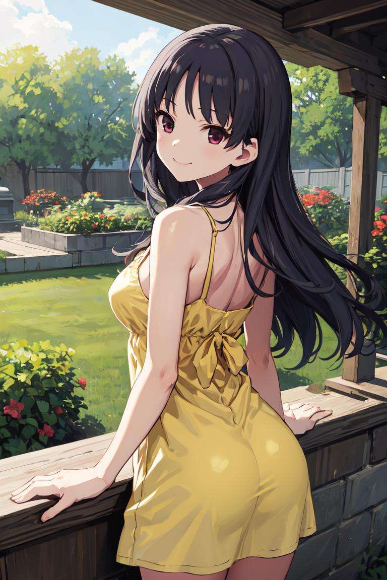 masterpiece, best quality, absurdres, perfect anatomy, 1girl, solo, RyuukaShimizudani, from behind, (yellow sundress), garden, day, sunshine, smile, looking back, <lora:RyuukaShimizudani:1>