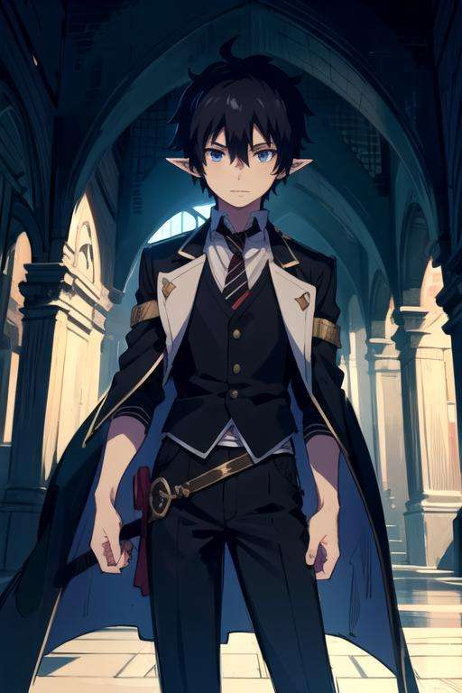 masterpiece, best quality, sketch, 1boy, solo, male focus, looking at viewer, , , <lora:rin_okumura:0.70>, rin_okumura, black hair, blue eyes, pointy ears, , , The Tower of Oblivion: A stronghold where forgotten secrets and dark magic are hidden, 16k resolution