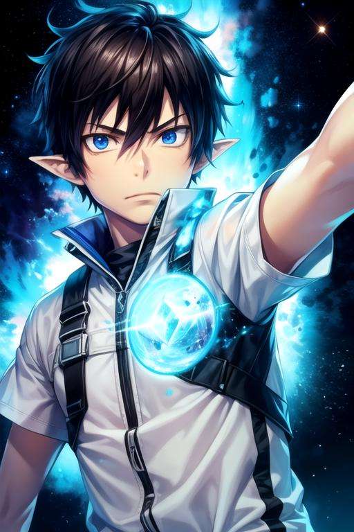 masterpiece, best quality, game cg, 1boy, solo, male focus, looking at viewer, upper body, , <lora:rin_okumura:0.76>, rin_okumura, black hair, blue eyes, , blue fire, , , science fiction space western,