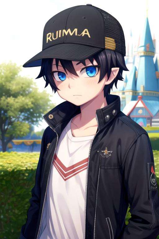 masterpiece, best quality, illustration, 1boy, solo, male focus, looking at viewer, upper body, depth of field, <lora:rin_okumura:0.68>, rin_okumura, black hair, blue eyes, , , jacket, trucker hat, Fairyland: A place where fairies and other magical creatures live, 4k resolution