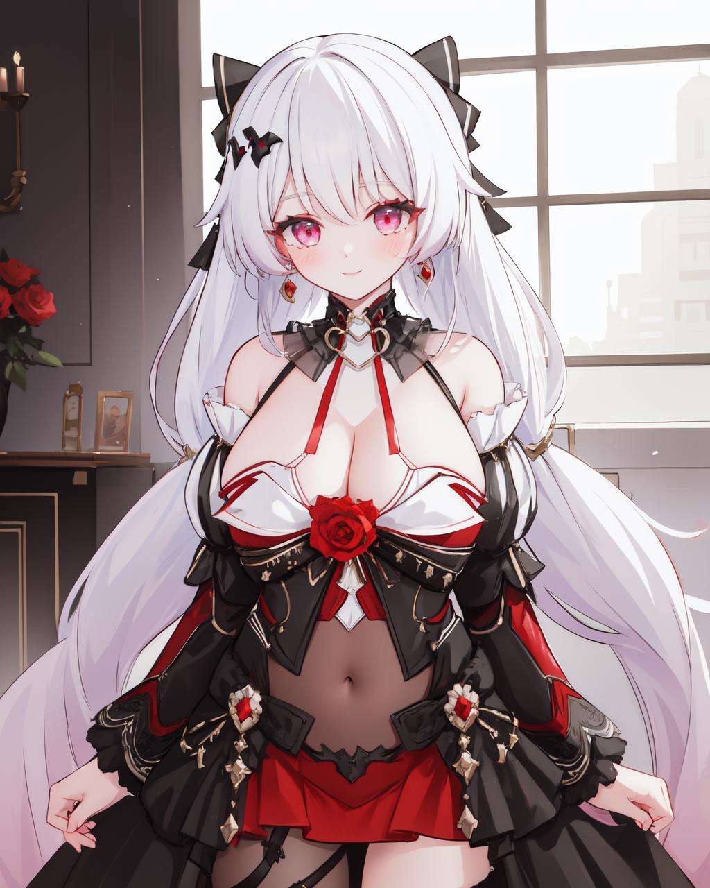 <lora:dayuexia_m3:1>, dayuexia, best quality, masterpiece, absurdres, beautiful detailed eyes, ultra-detailed, 1girl, standing, cowboy shot, light smile, black dress, rose, large breasts, cleavage