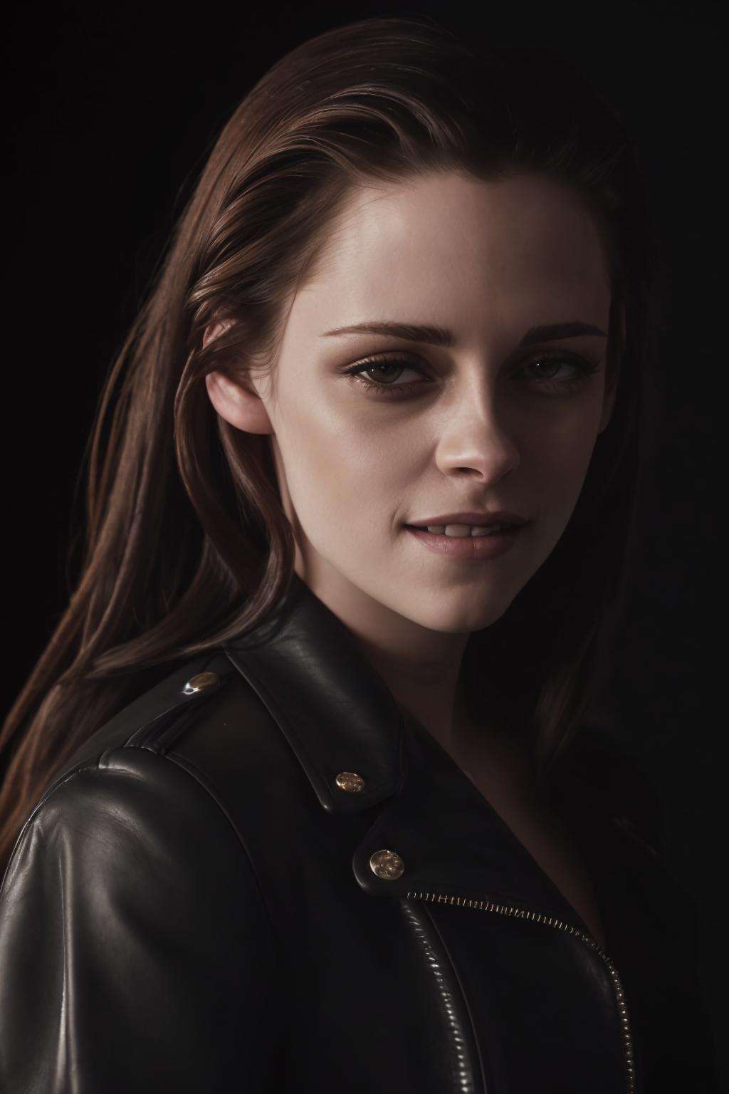 SFW, best quality, extra resolution, rare angle, close up portrait of (AIDA_LoRA_KristenBrunette:1.33) <lora:AIDA_LoRA_KristenBrunette_n0:0.6> as beautiful woman wearing leather coat, smiling, perfect teeth, naughty, flirting with camera, funny, happy, dynamic pose, dolly short, cinematic, studio photo, (black background:1.3), kkw-ph1, dark theme <lora:LowRA:0.2>