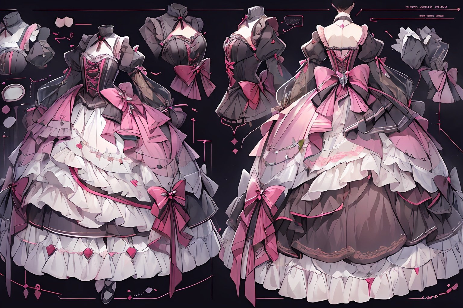 qzclothesdesign, dress, (1girl:1.2),lolita_fashion,multiple views,, reference sheet, three visions