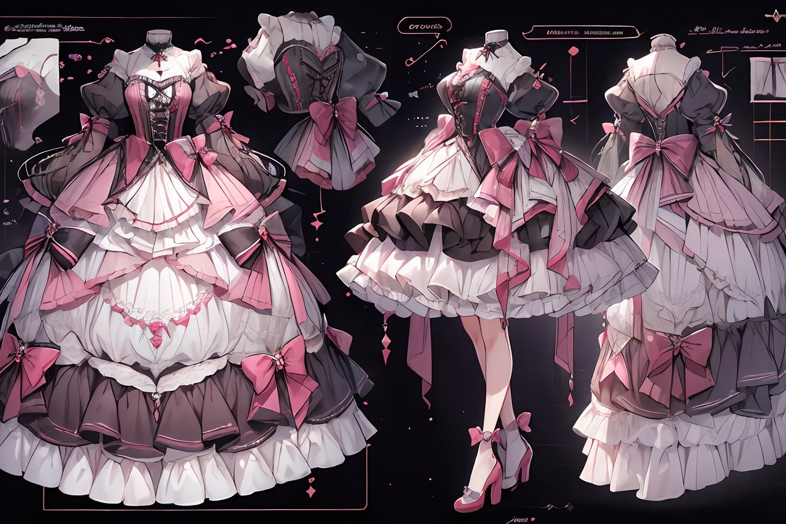 qzclothesdesign, dress, (1girl:1.2),lolita_fashion,multiple views,, reference sheet, three visions