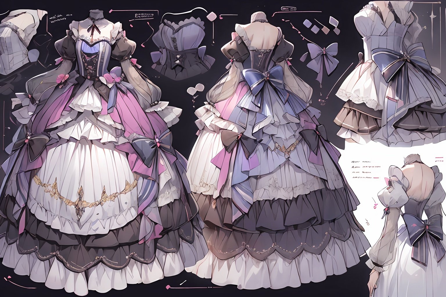 qzclothesdesign, dress, (1girl:1.2),lolita_fashion,multiple views,, reference sheet, three visions