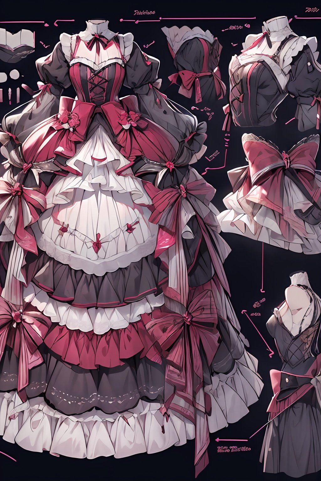 qzclothesdesign, dress, 1girl,lolita_fashion,multiple views,, reference sheet, three visions