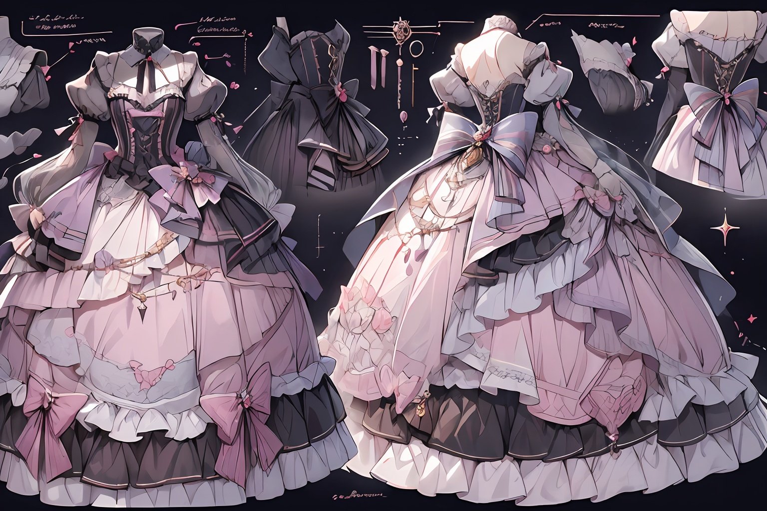 qzclothesdesign, dress, 1girl,lolita_fashion,multiple views,, reference sheet, three visions