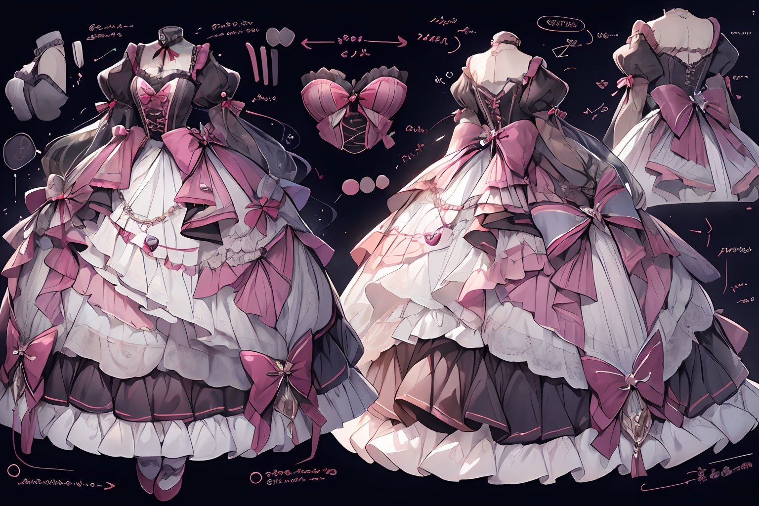 qzclothesdesign, dress, 1girl,lolita_fashion,multiple views,, reference sheet, three visions