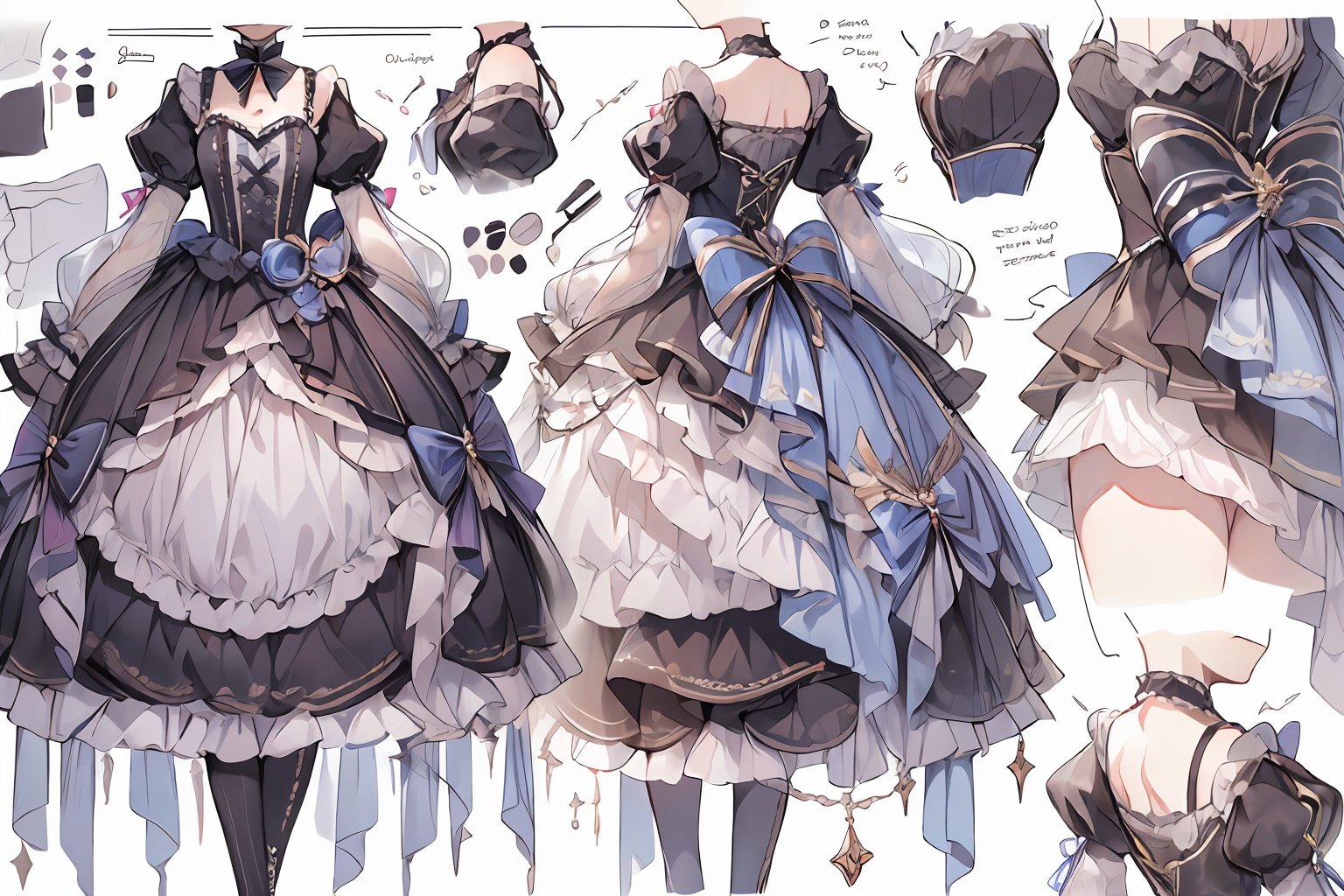 qzclothesdesign, dress, (1girl:1.2),lolita_fashion,multiple views,, reference sheet, three visions