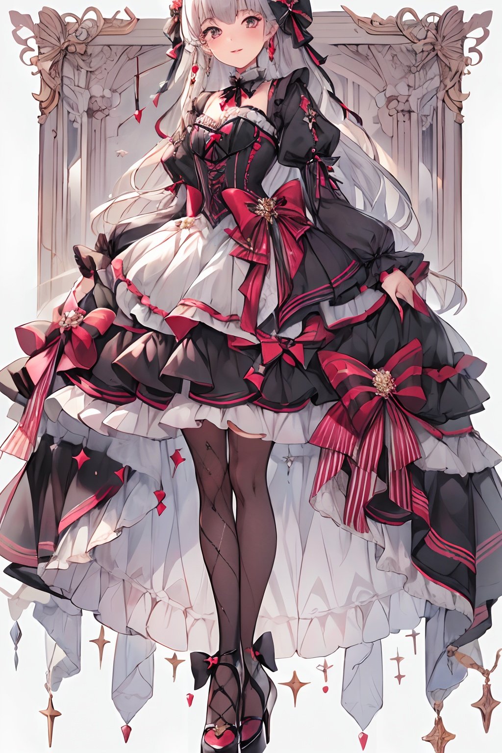 qzclothesdesign, dress, 1girl, lolita fashion, bow, black dress, fishnets, frills, black footwear, puffy sleeves, gothic lolita, long sleeves, solo, frilled dress, black bow, pantyhose, high heels, white bow, english text, full body, standing, layered dress, cross-laced clothes, corset, asymmetrical legwear, dress bow, hair bow, three visions