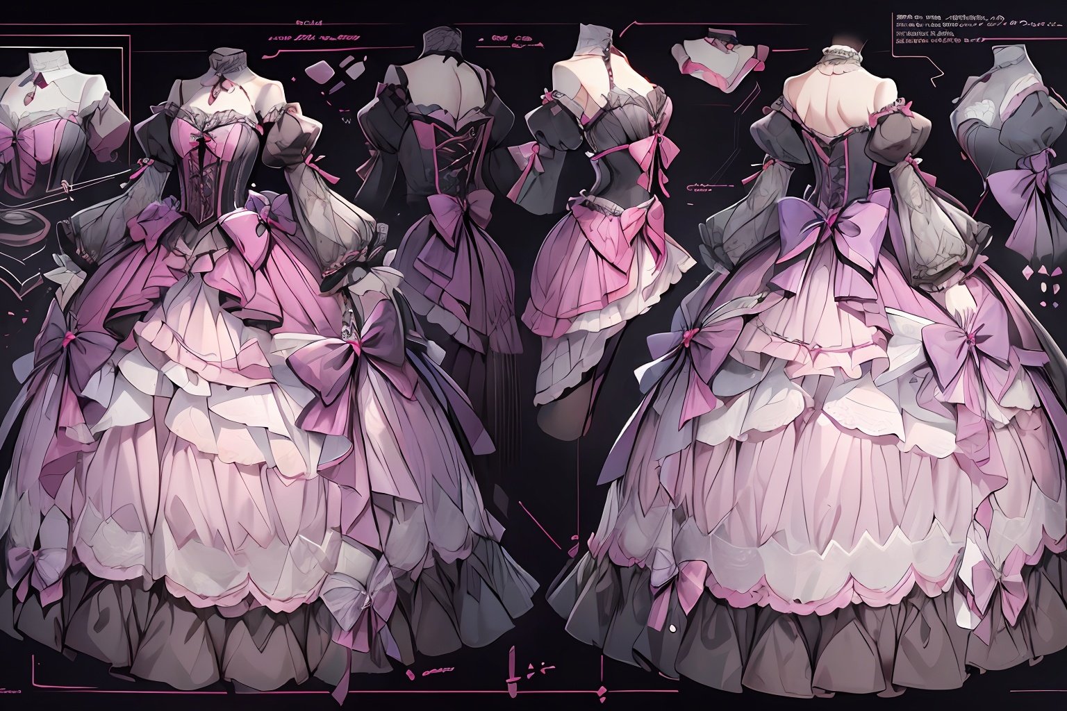 qzclothesdesign, dress, 1girl,lolita_fashion,multiple views,, reference sheet, three visions