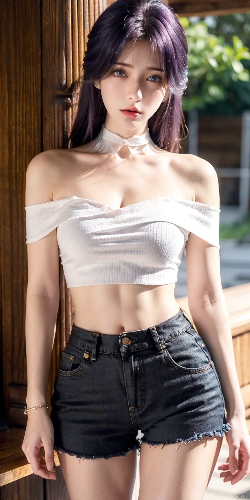  nai3, 1girl, shorts, solo, crop top, black shorts, choker, blue eyes, black hair, navel, shirt, midriff, crop top overhang, looking at viewer, white shirt, jewelry, breasts, cowboy shot, bare shoulders, short shorts, off-shoulder shirt, off shoulder, black choker, thighs, stomach, hand on own thigh, long hair, bracelet, short sleeves, ribbon, hand up, collarbone, hair ribbon, medium breasts, standing, high-waist shorts, dolphin shorts, bra strap, closed mouth, hair ornament, thigh gap, bangs, necklace, expressionless, , yunxi,purple hair