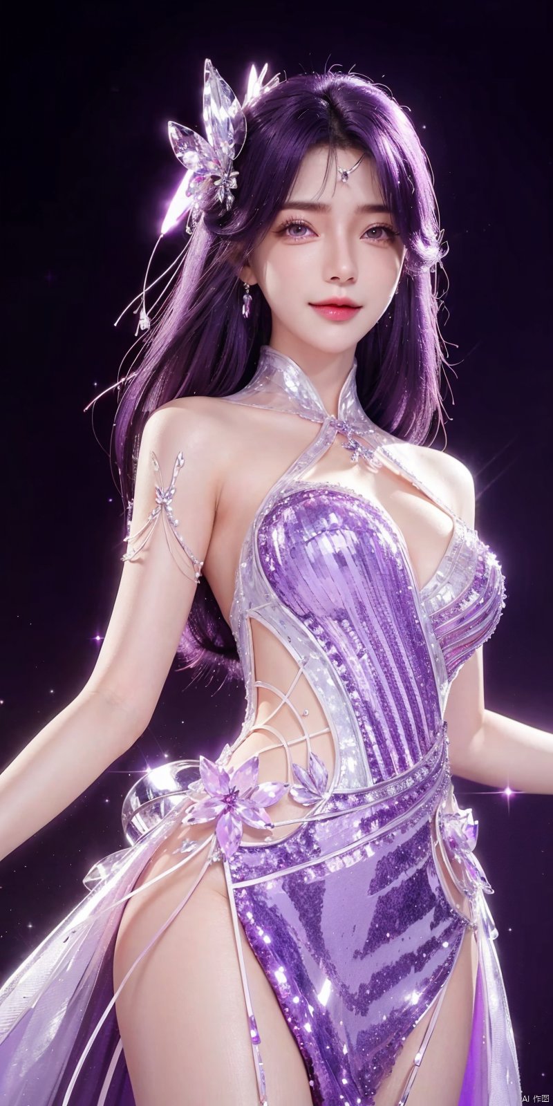  (Good structure),cowboy_shot, DSLR Quality,Depth of field ,looking_at_viewer,Dynamic pose,, ,(dress) , kind smile,
1 girl,(Purple light effect),hair ornament,jewelry,looking at viewer, , , dofas,(ultra-detailed crystallization),transparent crystals, , , , , yunxi, purple_hair, dress