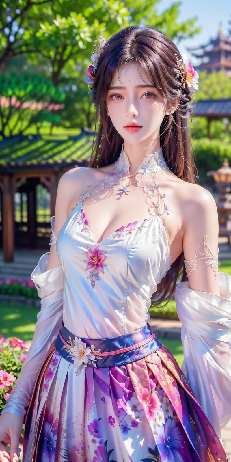  ,(masterpiece, top quality, best quality, official art, beautiful and aesthetic:1.2),(1girl),upper body,extreme detailed,(fractal art:1.3),colorful,flowers,highest detailed,1 girl,glowing,skirt tied over head,shirt, mpaidui,((poakl)), , yunxi, Light master,kind smile