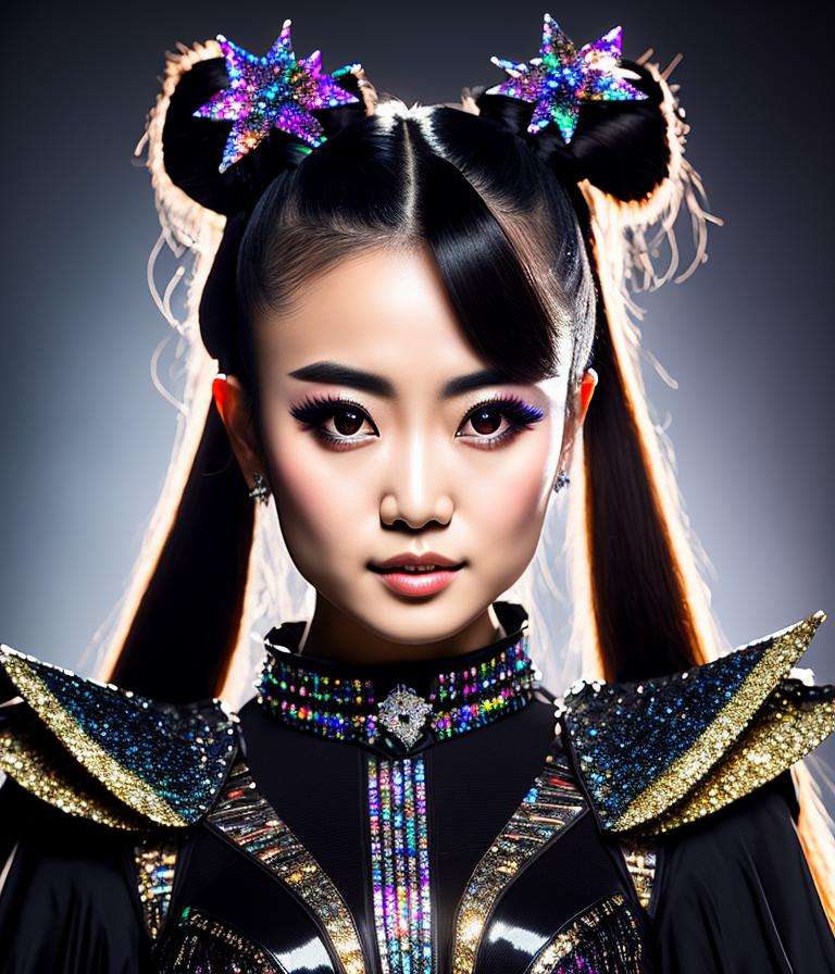 RAW photo,  hyper real photo of moametal japanese woman with with twintails hair in black dress with iridescent reflection...