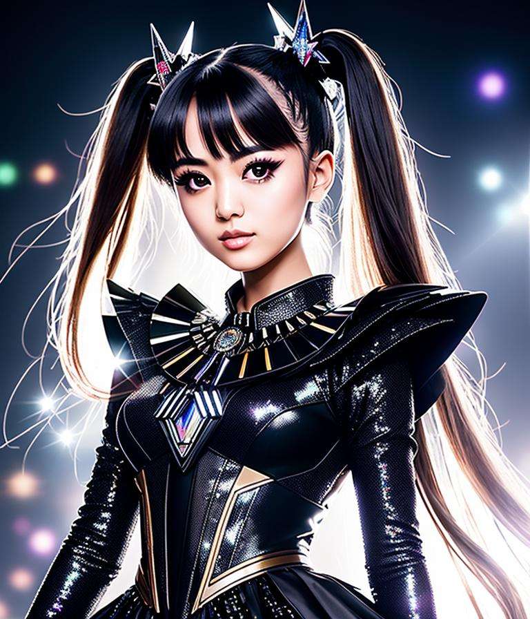 RAW photo,  hyper real photo of moametal japanese woman with with twintails hair in black dress with iridescent reflection...