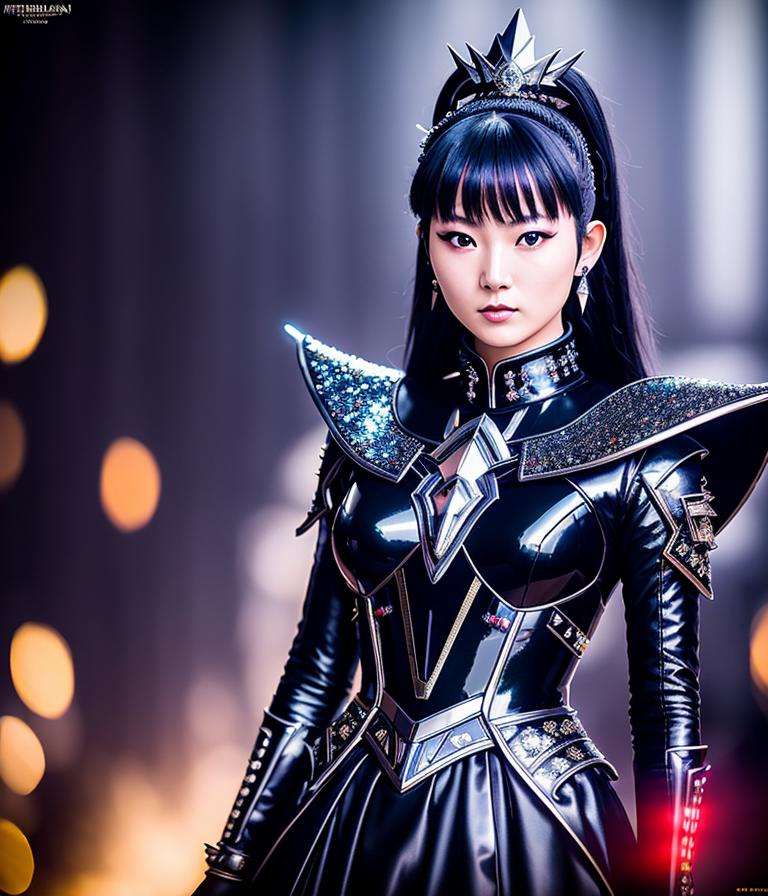 RAW photo,  hyper real photo of sumetal japanese woman with a ponytail and crown on her head in black dress with iridescen...
