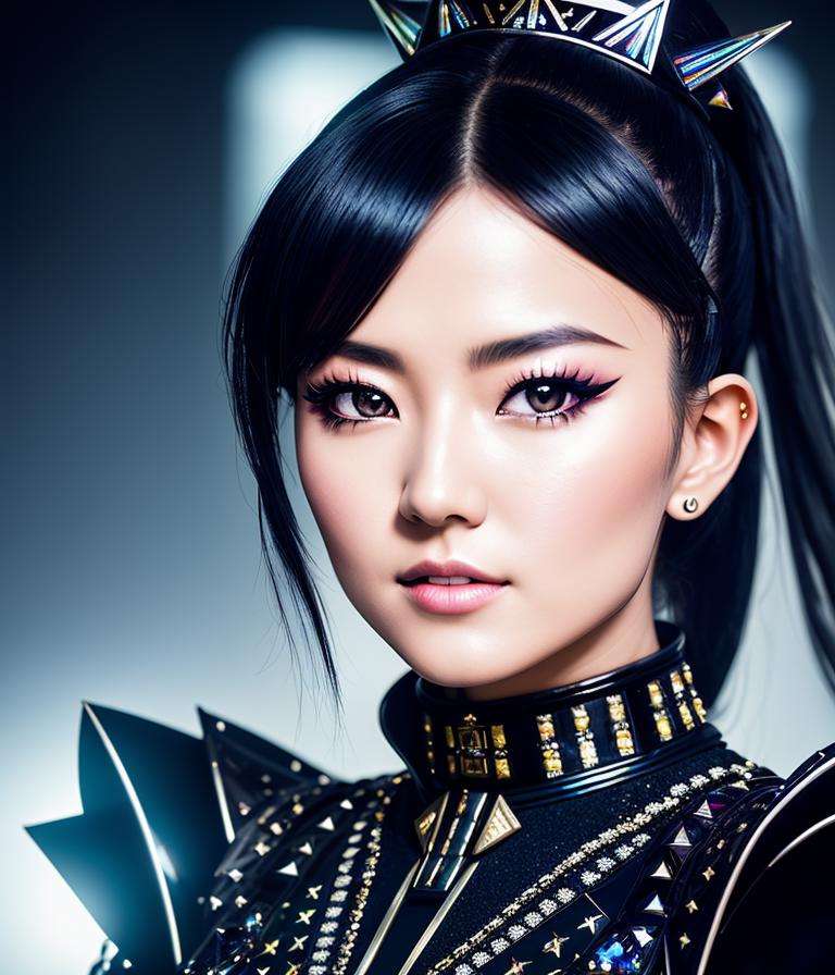 RAW photo,  hyper real photo of sumetal japanese woman with a ponytail and crown on her head in black dress with iridescen...
