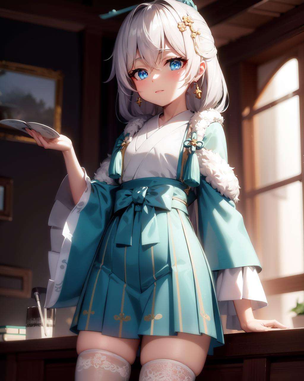 <lora:starlit_astrologos_m1:1>, starlit astrologos, (masterpiece:1.2), (best quality:1.3), ultradetailed, 1girl, standing, cowboy shot, chinese clothes, skirt, white thighhighs, jewelry, jade 