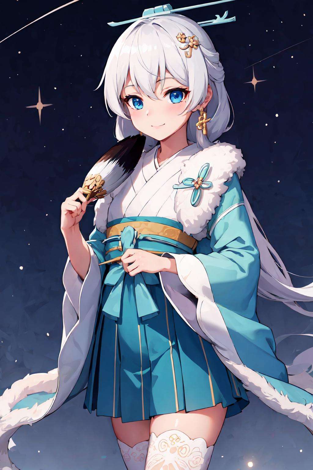 <lora:starlit_astrologos_m1:1>, starlit astrologos, (masterpiece:1.2), (best quality:1.3), ultradetailed, 1girl, standing, light smile, cowboy shot, chinese clothes, skirt, white thighhighs, hand fan, holding fan, night sky