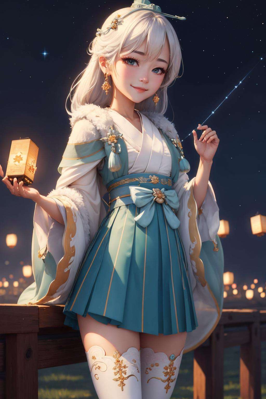 <lora:starlit_astrologos_m1:1>, starlit astrologos, (masterpiece:1.2), (best quality:1.3), ultradetailed, 1girl, standing, light smile, cowboy shot, chinese clothes, skirt, white thighhighs, jewelry, jade, paper lantern, night sky