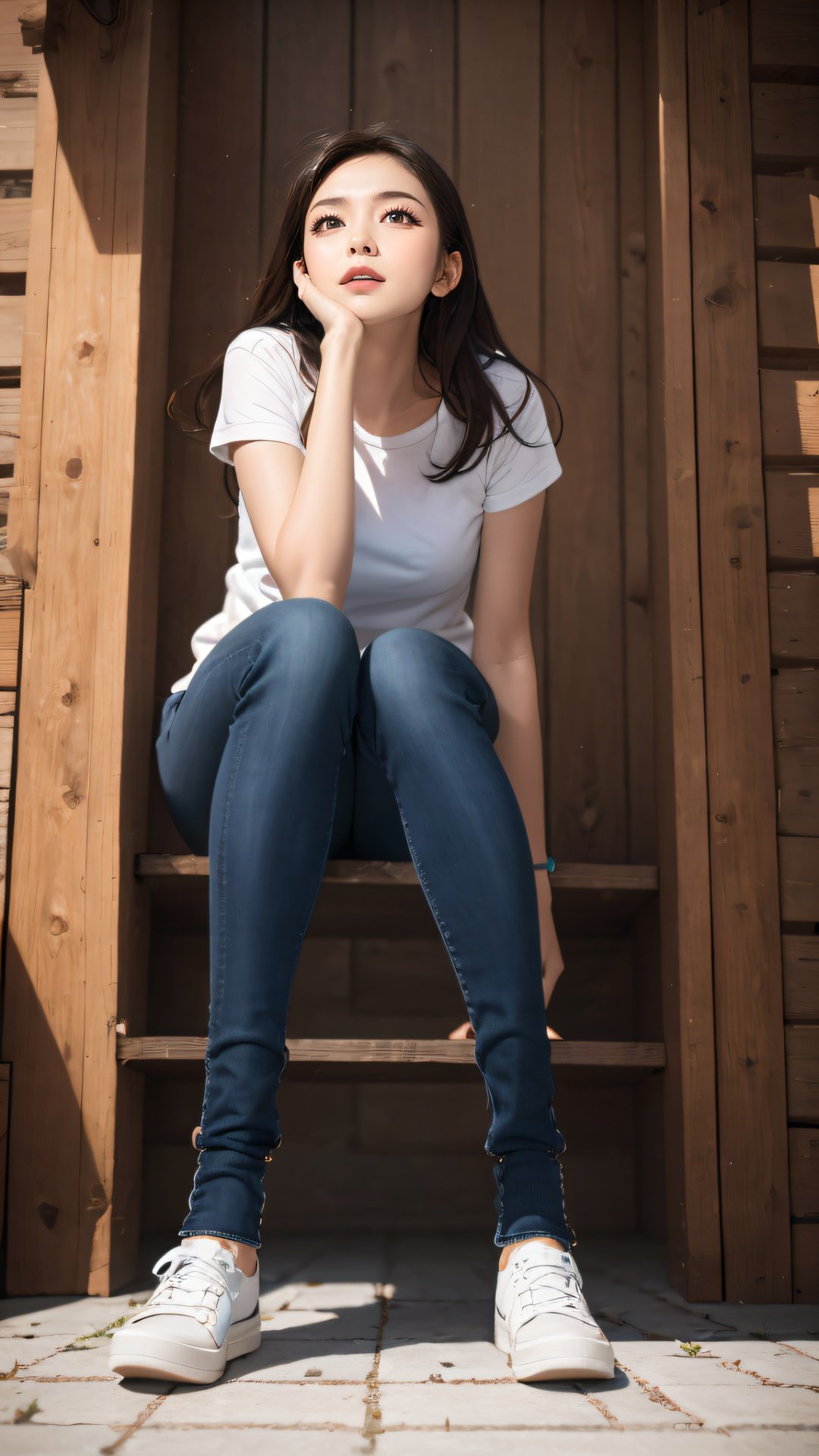 1girl,solo,Looking up from the bottom, sitting posture, caoku,dynamicposes,Random background,Random actions,best qualtiy,tmasterpiece,8K,Photorealsitic,Photorealistic image quality