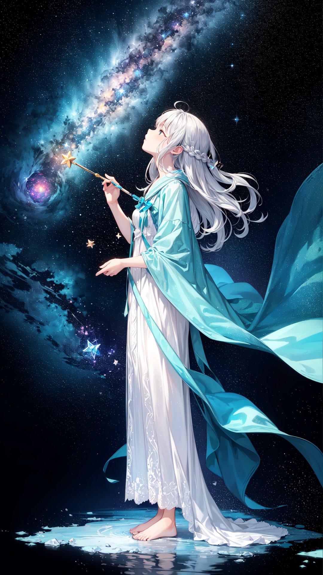 (((green, silver, glimmer)), limited palette, contrast, phenomenal aesthetic, best quality, sumptuous artwork, (masterpiece), (best quality), (ultra-detailed),(((illustration))), ((an extremely delicate and beautiful)),(detailed light),1girl,cold theme, broken glass, broken wall,((an array of stars)),((starry sky)),the Milky Way,star,Reflecting the starry water surface,(1girl:1.3)aqua theme,white hair,blinking,white dress,closed mouth,constel lation,flat color,noline art,full Glass sphere,girl inside glass sphere,white hair,braid,blinking,white robe,bust \(sculpture\),barefoot,float,closed mouth,constel lation,flat color,holding,holding wand,looking up,standing,male focus,medium hair,standing,solo,space,universe,utaite(singer),Nebula,many stars,,