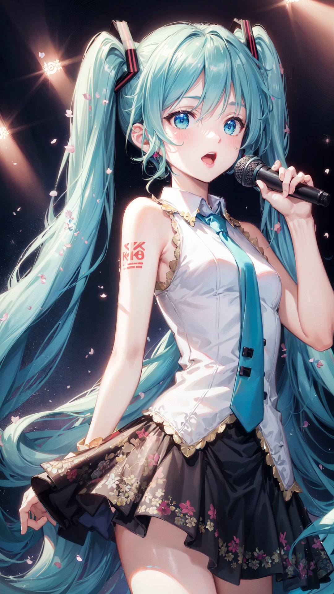 inely detail,Depth of field,(((masterpiece))),((extremely detailed CG unity 8k wallpaper)),best quality,high resolution illustration,Amazing,highres,intricate detail,(best illumination, best shadow, an extremely delicate and beautiful),(((MIKU))),vocal recital/performance,stage,neon lamp,Singing suit,