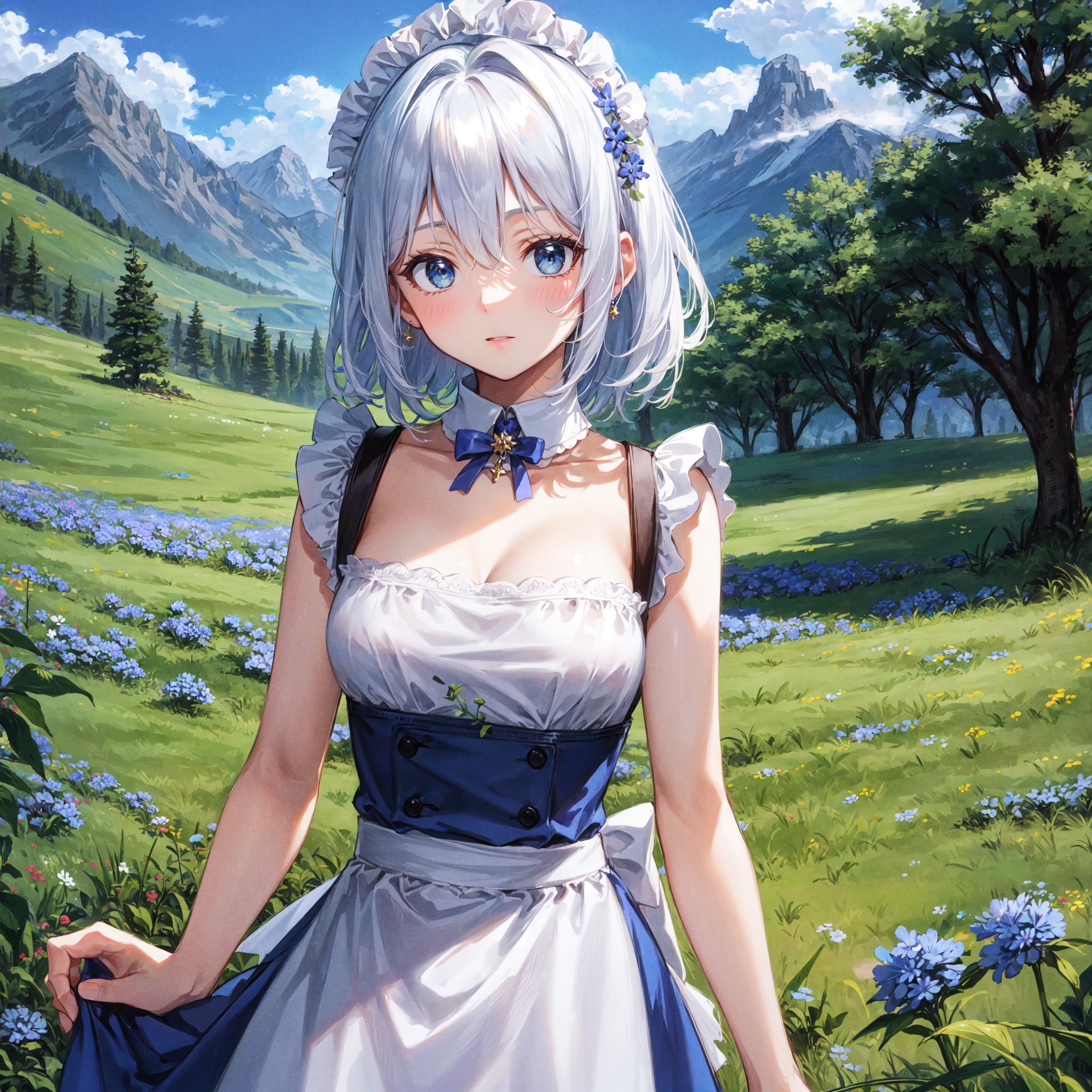 {{masterpiece}}, {{best quality}}, {ultra-detailed}, {{extremely detailed}}, 4K, {8K},upper body,

cornflower, cornflower, mountain, green meadow, morning, 
White hair, long hair, Short skirt, maid, detached collar, bare shoulders, 