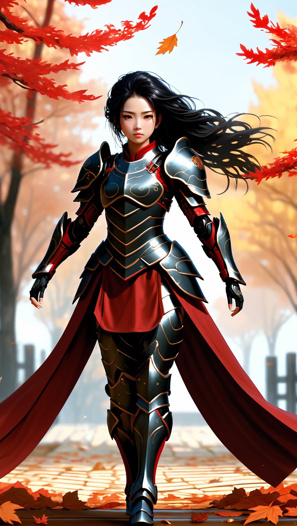  in early autumn, 1 girl, full body, fallen leaves, Her hair is blown by the wind, In armor, back from the army, eastern mythology, Black hair, Red armor, 4K, Official art, unit 8 k wallpaper, ultra detailed, beautiful and aesthetic, masterpiece, best quality, extremely detailed, dynamic angle, atmospheric, high detail, futuristic, science fiction, guofeng, Chinese_armor, 