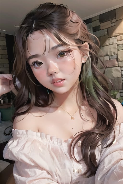 woman, ((16 yo)), ((rounder cheeks)), chubby cheeks, long curly green hair, cute,  pink lips, wearing a white off shoulder,  Raw, 8K, extraordinary background, fantastic background, hires, from the top ,Ajmrxyz