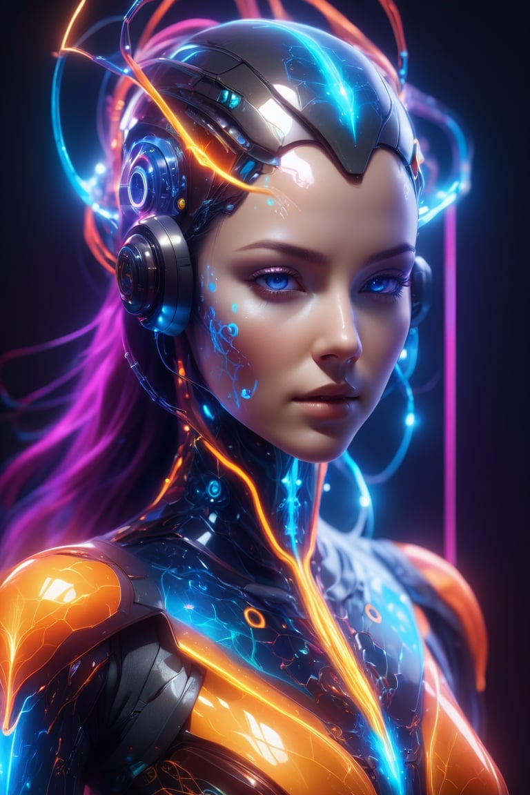 plasma as part of a human female, body, front facing, full body, front side, subsurface scattering, transparent, translucent skin, glow, Bioluminescent blood neurons,3d style,Cyberpunk style,full mask Movie Still, Leonardo Style, cool colors, vibrant, volumetric light, wide angle shot, fractal neuron background